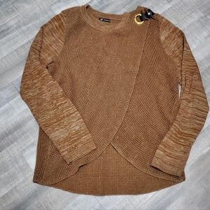 INC Mixed Media Knit Sweater Faux Leather Grommet Detail Tan L